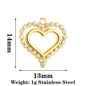 Pendente cuore in acciaio inossidabile con zirconi, 14x13mm dorato accessorio gioielli fai da te.