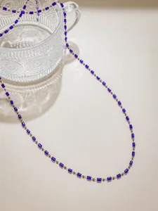 DIY stainless steel chain blue crystal bead necklace detail, handmade jewelry material.