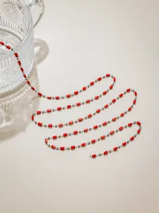 DIY stainless steel chain with red crystal tubes and silver beads for handmade jewelry making