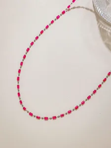 DIY pink crystal tube bead necklace stainless steel chain fashion handmade jewelry accessory