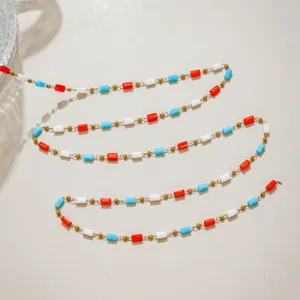 DIY crystal beaded chain necklace bracelet material with red white blue tube beads.