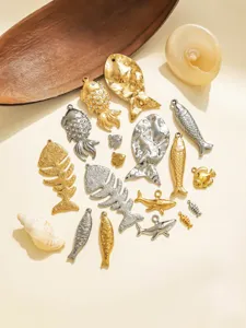 Stainless steel fish charms set, hammered koi, fishbone and shark pendants for DIY jewelry.