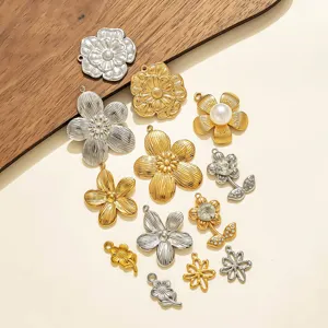 Stainless steel 3D embossed camellia flower pendants for DIY jewelry making, chic floral charms.