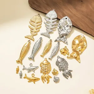 Stainless Steel Ocean Series Fish Pendants Hammered Koi Fish Bone Shark Charms For DIY Jewelry Making Rhinestone Pendants
