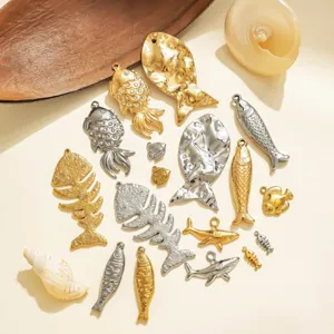 Stainless steel marine fish pendants set, gold and silver koi, shark and fish bone DIY items.