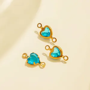 Blue heart crystal stainless steel connector charms for DIY jewelry making details close up.