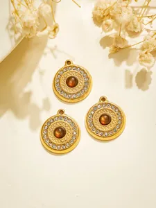 Vintage goldener runder Anhänger mit Strass und braunem Stein für DIY-Schmuck.