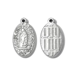 Stainless steel pendant DIY jewelry accessory, elegant oval charm with rhinestones and figure.