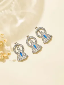 Silver Virgin Mary pendant with blue stone and rhinestones DIY jewelry accessories 3pcs