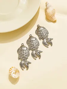 Stainless steel fish pendant detail, rhinestone embedded DIY jewelry finding, vintage style accessory.