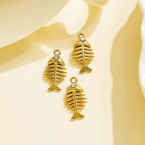 Gold fish bone charms pendants with rhinestones for DIY jewelry making accessories keychains.