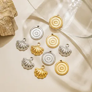 Stainless steel spiral ripple round charm and shell pendant for DIY jewelry making detail.