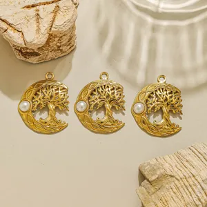 Edelstahl Lebensbaum Mondsichel Anhänger Detail, goldener DIY Schmuck Zubehör Artikel.