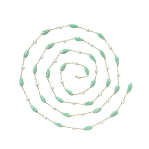 DIY jewelry chain with green waterdrop beads and small pearls, 1 meter long craft accessory.