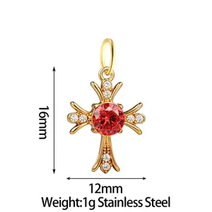 Gold stainless steel cross pendant with red cubic zirconia and clear stones, 16x12mm 1g.