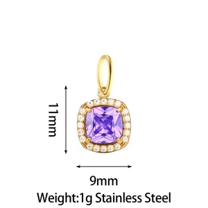 Detail of purple square cubic zirconia pendant, stainless steel jewelry DIY accessory.
