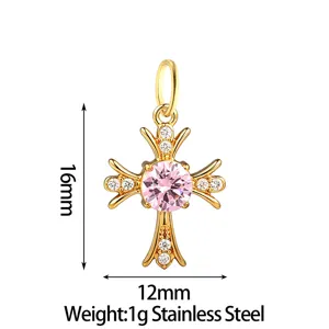 Stainless Steel Pink Cubic Zirconia Cross Pendant DIY Fashion Jewelry Charm 16x12mm