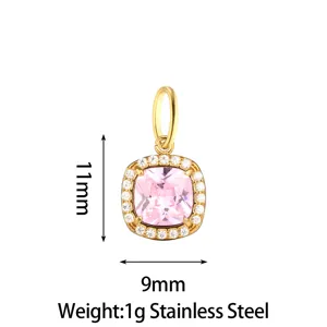Gold stainless steel pink cubic zirconia square pendant jewelry detail with size specifications.
