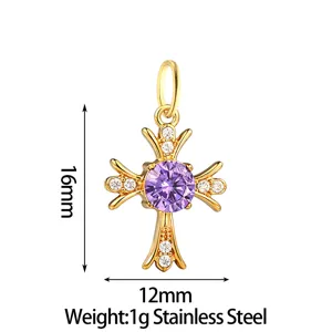 Detailed view of stainless steel cross pendant with purple zirconia and clear rhinestones.