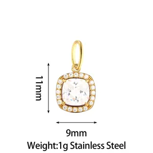 Close-up detail view of the square stainless steel cubic zirconia pendant, showing precise dimensions.