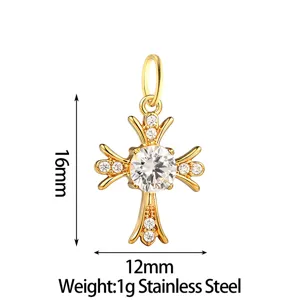 Stainless steel cross pendant with cubic zirconia, jewelry making accessory, detail view