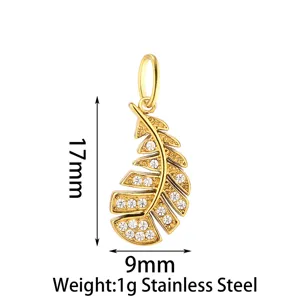 Colgante de pluma de acero inoxidable dorado con circonita para accesorios de joyería DIY