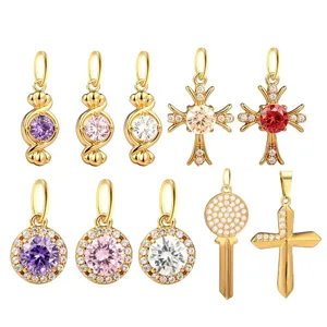 Stainless steel colorful cubic zirconia cross candy key jewelry pendants detailed display image.