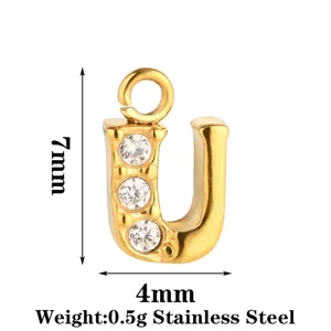 Ciondolo lettera U in acciaio inossidabile placcato oro con zirconi brillanti per gioielli fai da te.