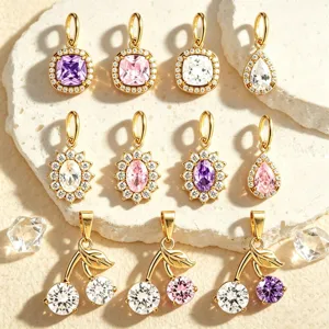 French Luxury Stainless Steel Zirconia Pendants Sunflower Cherry Square Sugar Cube Waterdrop Charms For DIY Jewelry Making Accessories