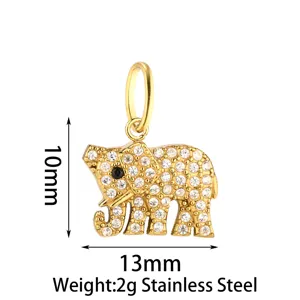 Colgante de elefante de estrás de acero inoxidable dorado 10x13mm para hacer joyas.