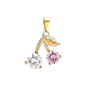 Gold stainless steel dual zircon cherry pendant charm for elegant DIY jewelry making.