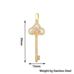Stainless steel rhinestone key pendant for DIY jewelry making, stylish golden charm accessory.
