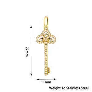 Stainless steel pavé diamond heart fleur-de-lis key pendant jewelry DIY accessory detail view.