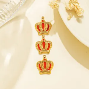 Gold crown metal pendants for DIY jewelry making, 3 pieces set, shiny red enamel detail.