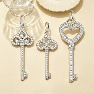 Stainless Steel Rhinestone Key Pendant For Women Heart Fleur-de-lis DIY Jewelry Accessories Bag Charms Gold Silver Jewelry Findings