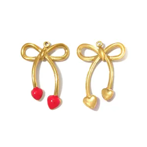 Gold metal bow and red heart cherry pendant DIY necklace clothing hat accessory charms