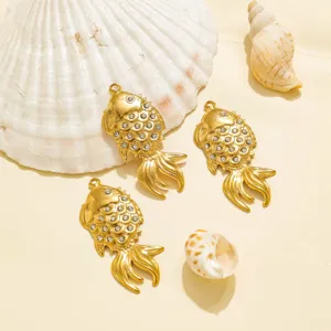 Gold fish charms stainless steel rhinestone pendants DIY necklace keychain jewelry making