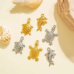 Amuletos de Tortuga Marina y Delfín de Acero Inoxidable 304 Náuticos para Hacer Joyas DIY Colgantes de Collar Pulsera Oro Plata