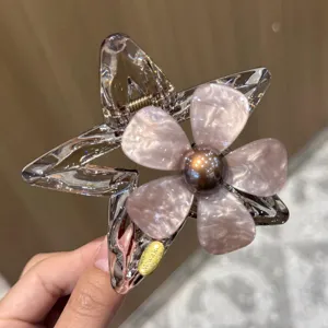 Akryl Stern Haarklammer mit rosa Blume und Bronzeperle für Damen elegante tägliche Haarsuche