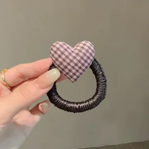 Coletero de pelo con corazón de cuadros coreano para mujeres, accesorio elástico de coleta.