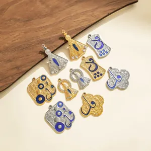 Pendentif Portrait en Acier Inoxydable Émail Bleu Relief Arabe Ethnique Breloques Bijoux DIY Accessoires Porte-clés Strass