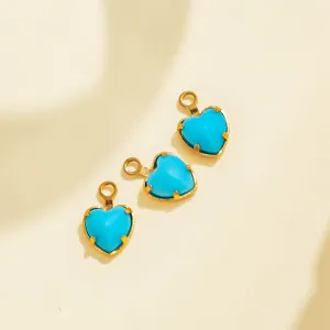 Blue heart pendant gold rim DIY jewelry charm stainless steel accessory minimalist retro style chic