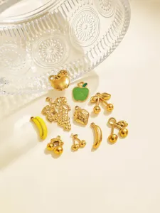 Stainless steel fruit charms set including cherry, banana, grape, apple, and strawberry pendants.