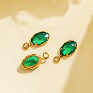 French retro green gemstone stainless steel oval pendant DIY jewelry chain accessory