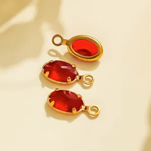 French vintage red gemstone stainless steel oval bezel pendant DIY jewelry making accessory.