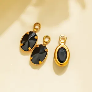 Gold stainless steel oval black stone pendant DIY jewelry accessory charm components.