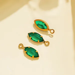 Green marquise gemstone pendant detail view, stainless steel bezel DIY jewelry accessory.