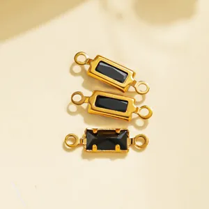 Gold stainless steel black stone double loop connector charms for DIY jewelry making accessories.
