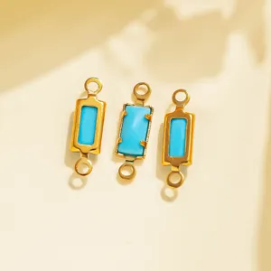 Stainless steel rectangle geometric double-loop connectors with blue gemstone inlay for DIY jewelry.