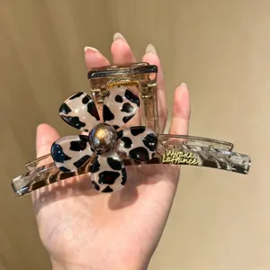 Elegante molletta per capelli con stampa leopardata e fiore per donna, grande clip per acconciature.